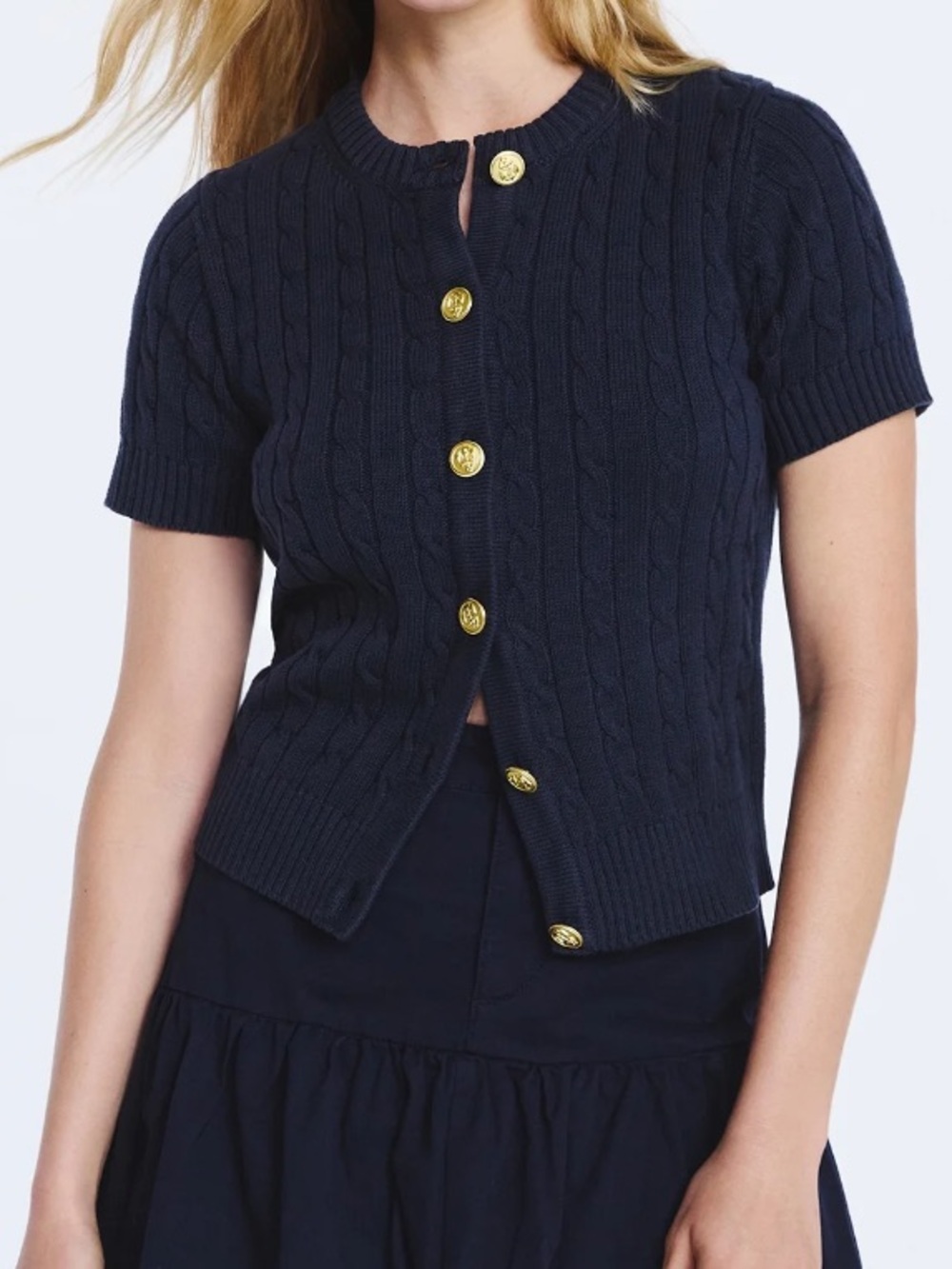 Free Assembly Navy Cable-Knit Short Sleeve Cardigan